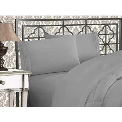 Imagen de Elegant Comfort Juego de sábanas Bordadas 4 Piezas Calidad Hotel, Resistente a Las Arrugas y la decoloración, Microfibra, Silver Light Grey, Matrimonio Doble
