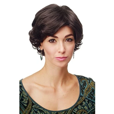 Imagen de WIG ME UP Peluca para mujeres estilo elegante pelo corto ondulado ondas color castaño oscuro chocolate raya DW181 4