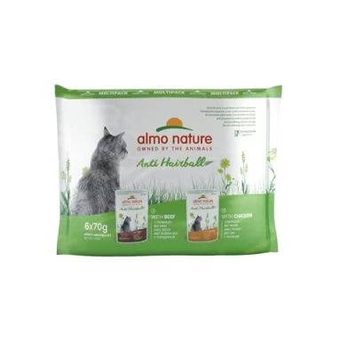 Imagen de Almo Nature Functional Anti Hairball Comida Húmeda Multipack Buey y Pollo para Gatos (6 x 70 Gramos)