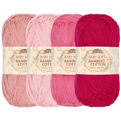 Imagen de JubileeYarn Hilo de algodón bambú suave para bebé, 50 g/madeja, tonos rosa, 4 madejas