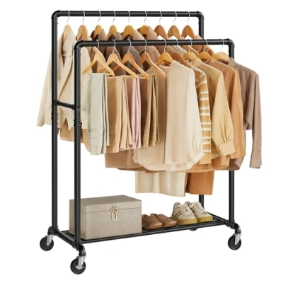 Imagen de SONGMICS Perchero con 2 barras y estante ruedas, soporta hasta 110 kg, diseño industrial, para dormitorio, vestidor, blanco HSR060W01