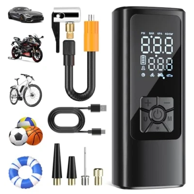 Imagen de HOVVIDA Compresor de Aire Portatil, Inflador Ruedas Coche 150 PSI (10,3 Bar) 5V, Bicicleta, Batería Recargable, Apagado Automático, con LED, para Coche, Moto, Pelota