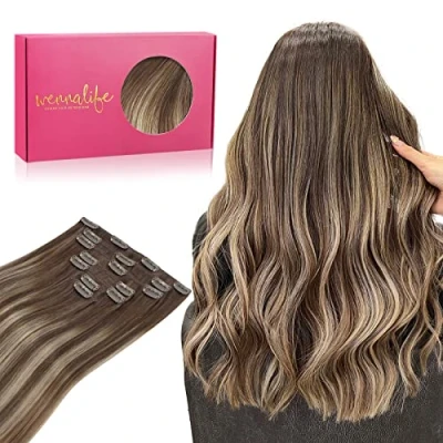 Imagen de WENNALIFE Extensiones Clip Pelo Natural, 35cm 120g 7 Piezas, Balayage Marrón Chocolate a Rubio Miel de Natural Remy Cabello Postizos Mujer
