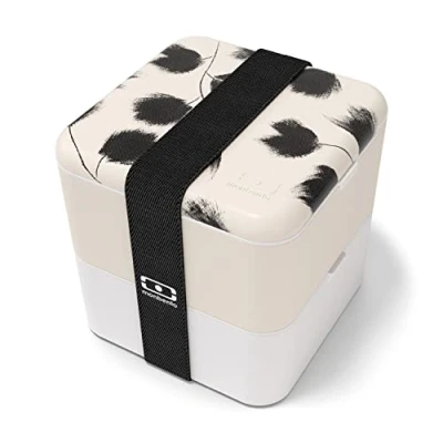 Imagen de monbento MB Square Graphic Plume Made in France Grande Fiambrera con patrón pluma lunch box Bento 2 Compartimientos Herméticos trabajo/escuela sin BPA Negro/blanco