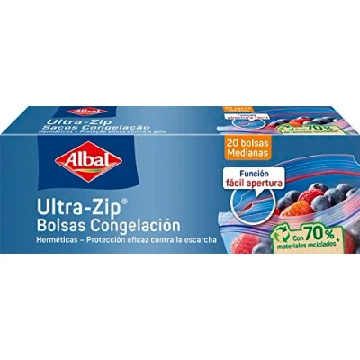 Imagen de Albal Bolsas Congelación Ultra Zip 1 Litro, Fabricadas con 70% de Materiales Reciclados, Muy Resistentes, Reutilizables, Reciclables, Cierre Hermético, 20 Medianas. Libres BPA