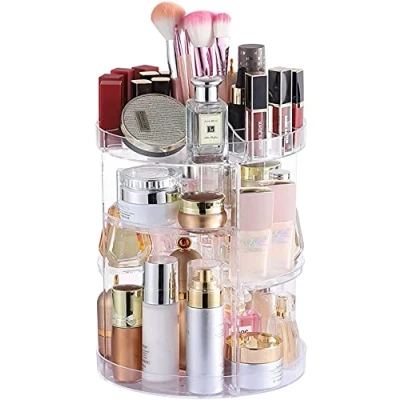 Imagen de Cq acrylic Organizador de maquillaje giratorio 360 grados para baño, 4 niveles ajustables giratorios y vitrinas maquillaje, transparente