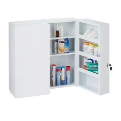 Imagen de Relaxdays Armario Botiquín Extragrande, 2 Puertas, Acero, 11 Compartimentos, Cerradura, 53 x 52,5 19,5 cm, Blanco