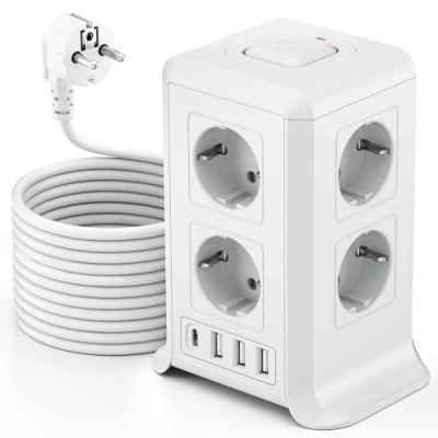 Imagen de Torre Regletas Enchufes, Regleta USB 8 Tomas de AC y 4 Enchufe Multiple,Regleta Enchufes Proteccion Sobretension, 5 M Regreltas Vertical con Interruptor para Mesa, Oficia, Casa