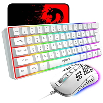 Imagen de Teclado compacto para juegos 60% cableado 61 teclas 11 efectos de luz fondo RGB con completas Anti efecto fantasma + Ratón nido abeja ligero cable 2400 ppp+alfombrilla