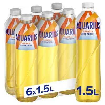 Imagen de Aquarius Zero azúcar Naranja Bebida funcional con sales minerales, sin botella 1,5L Pack de 6