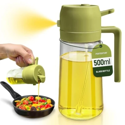 Imagen de PORTENTUM Pulverizador aceite spray. 2 en 1 aceitera spray pulverizador, Botella de vidrio 500 ml / 17 oz para Freidora Aire, Barbacoa (Verde)