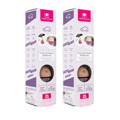 Imagen de CRISTALINAS Pack 2 Ambientador Esfera para Coche Aroma Frutos del Bosque 100% Puro Absorbe Olores Larga Duración 8 Semanas Multiposición pinza o colgante 6 ml 0% Alcohol