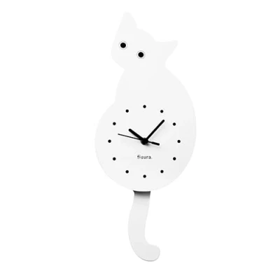 Imagen de Fisura Reloj de Gato Blanco con Cola. Pared Original. silencioso 46 x 8 centímetros. Madera y ABS. 1 Pila AA (no incluida)