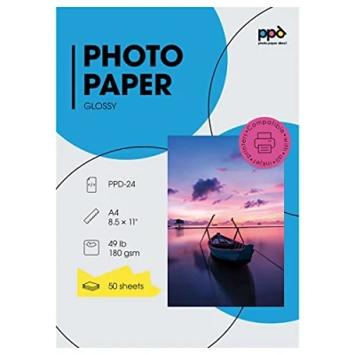 Imagen de PPD Inkjet A4 x 50 Hojas de Papel Fotográfico Brillante 180 g/m² Calidad Profesional Para Uso Diario Secado Instantáneo Impresión Inyección Tinta 24