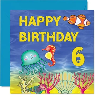 Imagen de tarjeta de 6º cumpleaños para niño y niña, Sealife, feliz 6 años, tarjetas él ella, felicitación 145 mm x