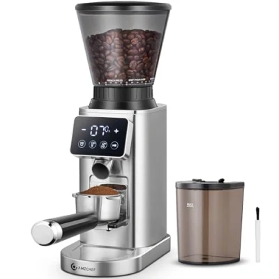 Imagen de AMZCHEF Molinillo de Café Eléctrico con Soporte Desmontable y Contenedor Panel Táctil LCD 24 Regulable Molido Muelas para Espresso/Drip/Pour Over/Cold Brew/French Press