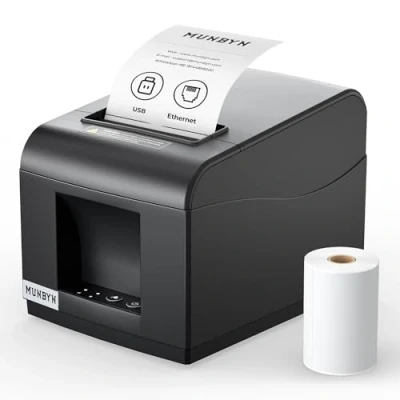 Imagen de MUNBYN POS Impresora de Recibos, 80mm USB Recibos con Soporte Caja registradora, térmica Cortador automático, Interfaz Ethernet Windows/Android/Mac/Linux