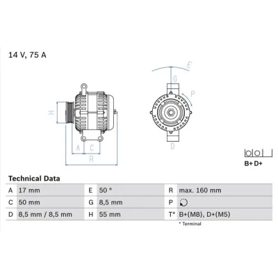 Imagen de BOSCH 0 986 049 081 Alternador 14V 75A FIAT: Grande Punto Hatchback, Fiorino III Furgón / Familiar, Doblo I ALFA ROMEO: MiTo