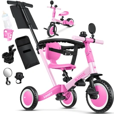 Imagen de KIDIZ® 6en1 Bicicleta de Balance, Triciclo para niños 1 año a 5 Años, Capacidad carga hasta 25kg, incl. Manillar/Barra Seguridad/Cinturón Seguridad/Timbre/Espejo, Rosa