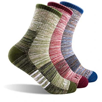 Imagen de FEIDEER calcetines de senderismo para mujer, paquete múltiple, recreación al aire libre, acolchados que absorben la humedad, rojo/azul/verde , M
