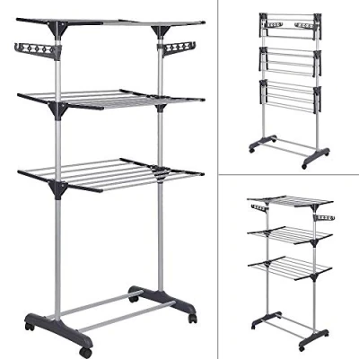 Imagen de Drumm Tendedero Vertical Tipo Torre,Tendedero Electrico Metálico Plegable y Extensible 3 Niveles,4 Ruedas,Alas Plegables para Interior Exterior,Balcón,Lavandería