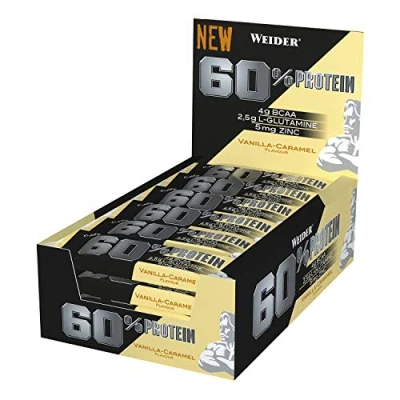 Imagen de Weider 60% Protein Bar Vainilla Caramelo 24 x 45 gr. La barrita Con más proteína del mercado. 4 g de BCAAs por barrita.