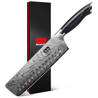 Imagen de SHAN ZU Cuchillo Nakiri Japonés en Acero Polvo, 18 cm Cuchillos de Cocina Profesionales Alto Carbono 63 HRC, Hoja Afilada a 12Cuchillos Chef con Mango Ergonómico Madera Pakka