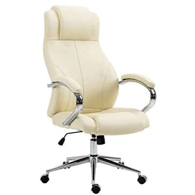 Imagen de CLP Silla De Oficina Salford Tapizada En Cuero Real I Ejecutiva Acolchada Moderna con Reposabrazos &amp; Ruedas, Color:Crema