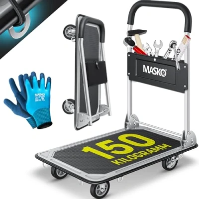Imagen de MASKO® Carro de plataforma, almacenamiento, Incl. Guantes trabajo, Freno bloqueo, Con 6 argollas seguridad, Ruedas giratorias 360, Plegable, Capacidad carga 150kg / Negro