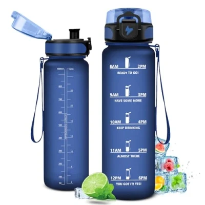Imagen de Botella Agua 1L, Deporte, gimnasio, Motivadora y Prueba de Fugas, Reutilizable, Garrafa para Niño, Niña, Colegio, Preescolar, Guardería, Bicicleta, Gym