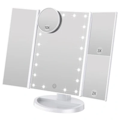 Imagen de WEILY Espejo Maquillaje con Luz, 21 LED y Aumento 1X / 2X 3X,Espejo Luz para Pantalla táctil de 180º Ajustable, Tocador Tríptico Plegable Recargable, Blanco