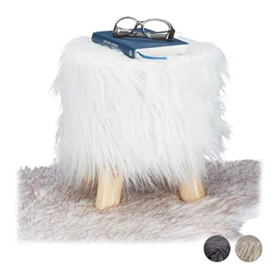 Imagen de Relaxdays Taburete Bajo de Pelo Sintético Suave con 4 Patas, DM, Madera Pino y Poliéster, Blanco, 31 x cm, Tablero Fibras