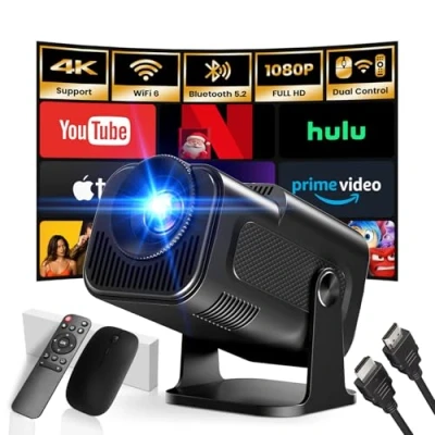 Imagen de [App Integrada] 2025 Upgraded Proyector Portátil 1920x1080P 4K Supote Videoproyector Dual Control TV WiFi 6 BT5.2 180 Rotation HDMI/TV Stick/USB/PS5/Laptop, con Cable HDMI y Ratón Negro