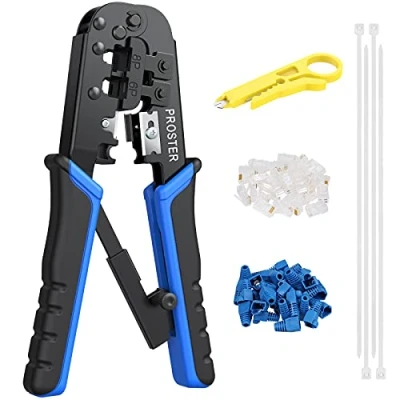 Imagen de Herramienta Crimpado RJ45 Cat5 Cat5e Crimpadora RJ 11, 6P/RJ 12, 8P/RJ 45 con 60pcs Conectores y Cubiertas 100pcs Bridas de Nylon 1pcs Pelacables para Cable Red