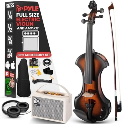 Imagen de Pyle violin electrico, Silencioso, 4/4, de cuerda orquestral, Kit amplificador, Madera maciza, Tamaño completo, Amplificador 10W, Accesorios, Principiantes y profesionales
