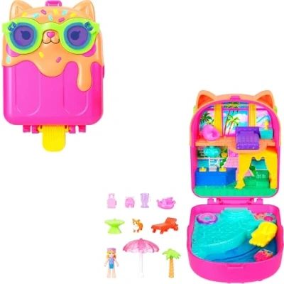 Imagen de Polly Pocket Estuche Hotel Gatito Conjunto de Juego y muñeca, Juguete Viaje con una muñequita, un cachorrito Accesorios temáticos