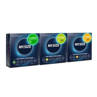 Imagen de MY.SIZE Classic Condones paquete de prueba 3 unidades I Ancho 47, 49, 53 mm 3x3 preservativos premium extra delgados ultra sensibles y delicados Grosor 0,07 veganos