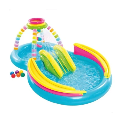 Imagen de INTEX 56137 Piscina Hinchable Infantil, Juegos Cono Arco Iris con Tobogán, para Mayores de 2 Años, Capacidad 168206 litros, Base Acolchada, Medidas 295x191x109 cm, Incluye Parche Reparación