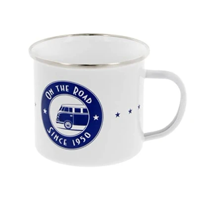 Imagen de BRISA VW Collection Volkswagen Taza grande de esmalte para cafété o cappuccino T1 Bus camping (500 ml/En el Camino/Blanco)