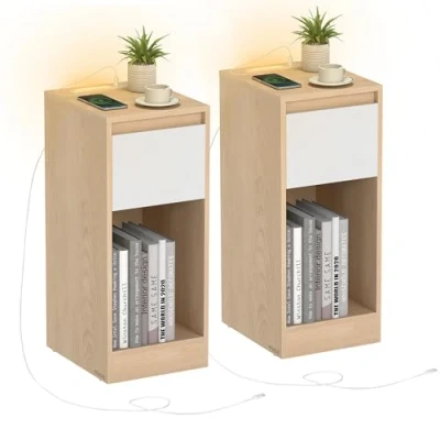 Imagen de VASAGLE Mesita de Noche Estrecha, Mesa Auxiliar, con Iluminación LED, 1 Puerto USB A, C, Cajón y Compartimento, Dormitorio, Salón, Amarillo Almendra Blanco Nube LET610Y01