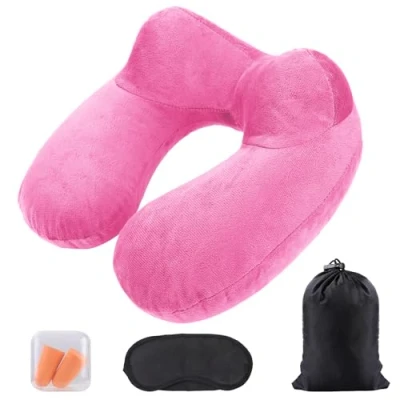 Imagen de AiQInu Cojin Cuello Viaje, Almohada de Viaje Hinchable con Funda Lavable,Incluye Tapones para los Oídos, Máscara Ojos y Bolsa Transporte Oficina del Automóvil Avión
