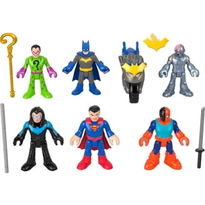 Imagen de Fisher Price Imaginext DC Super Friends Pack 6 Figuras Deluxe Personajes con Accesorios, Incluye Batman, Superman, Nightwing, The Riddler, Deathstroke y Brainiac, Juguete +3 años (Mattel HXF94)