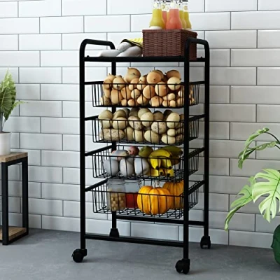 Imagen de [en.casa] Carro de Servicio 5 Niveles Carrito Cocina con 4 Cestas 1 Estante Rejilla Estantería Rodante Multiuso Metal 87 x 41 32 cm Negro