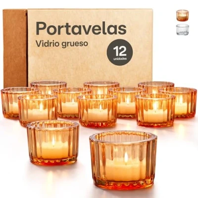 Imagen de Praknu Portavelas de Cristal para Velas Te 12 Pequeño Decoración Mesa Resistentes &amp; Ideal Decorativas, Hogar, Bodas (Dorado)