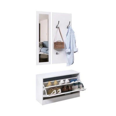 Imagen de HOMCOM Conjunto de Muebles Entrada Recibidor Pasillo Set 3 Piezas Zapatero Espejo Perchero con 4 Ganchos para Colgar Ropa 80x27x46,5cm Blanco