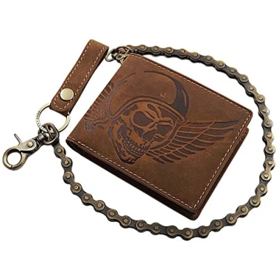 Imagen de Cuero de búfalo Cartera con Cadena metálica Calavera Motivo en Formato Vertical o oblongo Bloqueo RFID y NFC marrón (Modelo 2 / Oblongo/Marrón)