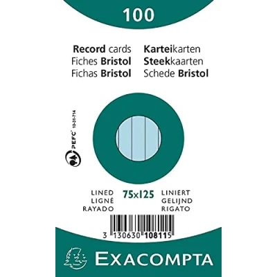 Imagen de Exacompta 10811X 100 fichas de cartulina rayadas sin perforar en papel aluminio compatible con impresoras inkjet, láser y fotocopiadoras formato 75 x 125 mm color azul