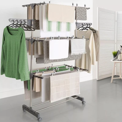 Imagen de IDMarket Secador de ropa acero inoxidable Maxima gris tendedero plegable H.145 cm + 30 accesorios
