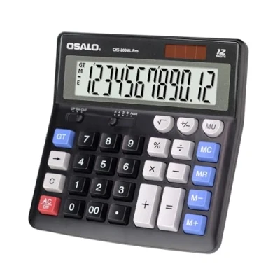 Imagen de OSALO Calculadora de escritorio con pantalla extra grande, LCD 12 dígitos, botón respuesta gigante, batería y energía solar, para oficina, negocios, hogar, diario, color negro (OS
