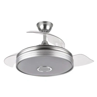 Imagen de TODOLAMPARA Ventilador de techo con luz LED 36W motor DC y Altavoz modelo MATANUSKA Níquel, 3 tonalidades memoria, aspas retráctiles, 6 velocidades, control remoto, temporizador, silencioso